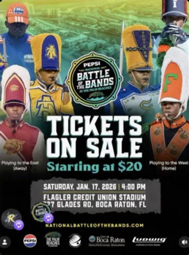 🔥🥁 PALM BEACHES — THIS IS NOT A DRILL! 🥁🔥 The Pepsi National Battle of the Bands is taking over Boca Raton this 🔥 MLK WEEKEND 🔥, and this one is HISTORIC‼️ You’ve got 🔥 FOUR ESPN Band of the Year CHAMPIONS 🔥 on the same field, on the same night… so the real question is: 👀 WHO IS GOING TO SHOW OUT? 🎺 Attending Bands: • Florida A&M University – Marching “100” • Bethune-Cookman University – Marching Wildcats • Southern University – Human Jukebox • North Carolina A&T State University – Blu
