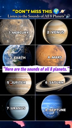 Listening to the sounds of all eight planets of our solar system is like hearing a hidden cosmic symphony. Although space is silent to human ears, scientists convert radio waves, plasma vibrations, and electromagnetic signals from each planet into audio. Each world produces a unique tone some eerie, some rhythmic, some deep and rumbling. From the harsh, stormy whispers of gas giants to the soft, metallic hums of rocky planets, these sounds reveal the invisible energy of space and help us better 