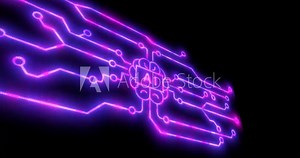 Circuit board animation. Circuit board showing electrons in motion Data Flow Loop Animation in the background. Artificial intelligence and brain text.