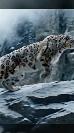 A snow leopard jumping across a rocky Himalayan chasm