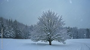 A snow-covered tree stands tall in a peaceful winter landscape, its branches heavy with frost under a pale, cold sky as gentle snowflakes fall around it