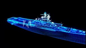 Aircraft carrier. Military ship concept background. Blue particles and lines form wire-frame 3d model aircraft carrier