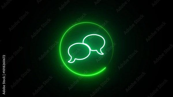 Neon message cloud shape text box animation in black 4K. Dark background.