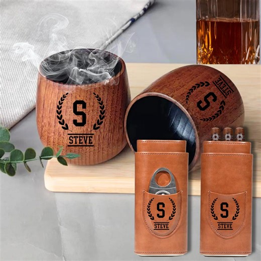 Custom Whiskey Cup & Leather Cigar Case Gift Set,custom Charred Wooden Bourbon Cup, Cigar Holder With Cutter, Groomsmen Father’s Day Husband - Etsy