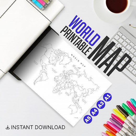 World Map Printable Instant Download – A5 A4 A3 A1 Sizes, Digital Map PDF for Journals, Wall Decor, Homeschool, Printable Blank World Map - Etsy