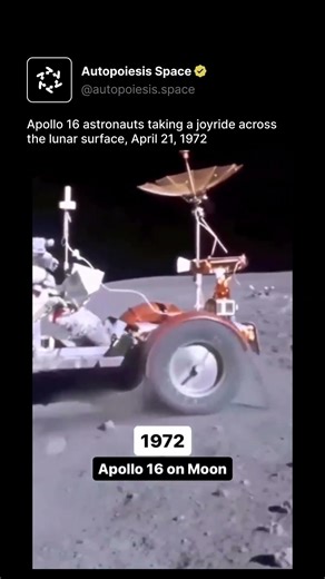 Apollo 16 astronauts taking a joyride across the lunar surface, April 21, 1972