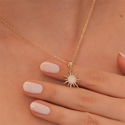14k Solid Gold Sun Pendant Necklace • Dainty Celestial Jewelry - Etsy