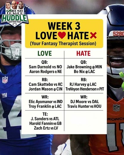 Fantasy Football Week 3 Love/Hate Picks | Start Sit Advice 2025