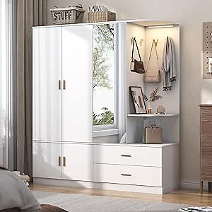 XVD Armoire Wardrobe Closet with Mirror & Sensor Light, Bedroom Armoire with 5 Doors & 2 Drawers, Modern Wooden Large Wardrobe Closet with Shelves, 4 Metal Hooks, 2 Hanging Roods, Open Space, White