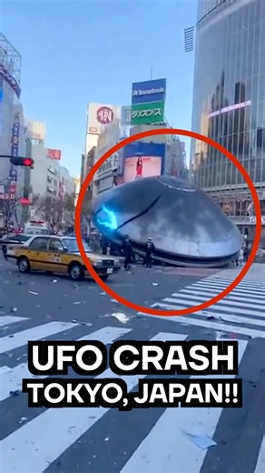 Imagine this — two UFOs crashing in the same city, only a few kilometers apart. The first, a massive silver saucer, lies tilted and burning in the middle of Shibuya Crossing, surrounded by chaos. Crowds scatter, police sirens echo, and flames reflect off the glass towers above — a place normally full of energy now frozen in disbelief. The craft’s curved metallic body glows faintly blue from the seams, as if still alive, still humming with something far beyond human understanding. Meanwhile, acro