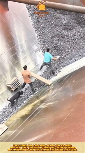 Skilled Workers Installing Stone Riprap in Drainage Channel for Effective Erosion Control