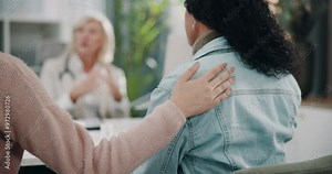 Hand, support and friends at hospital consultation for cancer diagnosis, hope and healthcare. Comfort, sick patient and listening to medical doctor with kindness, help and empathy with back of women