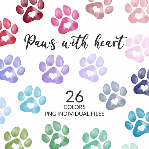 26 Heart Paw PNG Clipart, Dog & Cat Paw Print Heart, Digital Watercolor Paw Print, Rainbow Blue Pink Purple, Instant Download Clip Art - Etsy