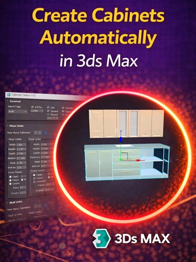 Create Cabinets Automatically in 3ds Max | Cabinet Creator Script Tutorial; This tutorial shows how to create kitchen cabinets automatically in 3ds Max using the Cabinet Creator script. Instead of modeling cabinets manually, you’ll learn how to generate cabinets quickly, customize dimensions, and build complete kitchen units in seconds. This workflow is perfect for archviz artists, interior designers, and 3D modelers who want to save time and speed up production. In this video, you’ll learn: How