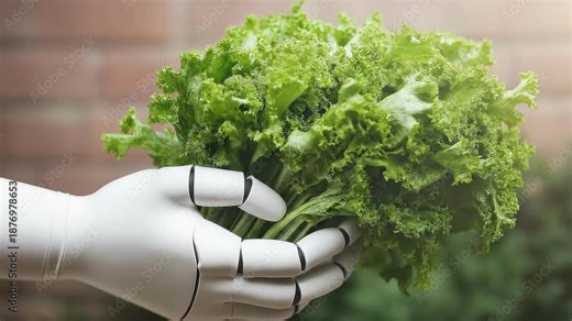 Robotic Hand Holding a Fresh Bunch of Green Lettuce Representing AI Integration in Agriculture and Automated Harvesting for Sustainable Food Production