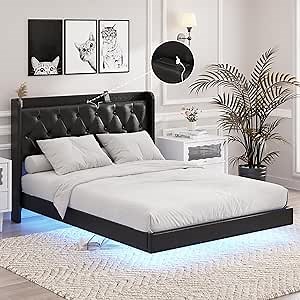 Full Size Floating Bed Frame with LED Lights, Upholstered PU Leather Platform Bed with Charging Station & Button Tufted Headboard Storage, No Box Spring Needed, Black