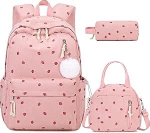 ACESAK Backpack for Girls - Corduroy Girls Backpack with Lunch Bag & Pencil Pouch for Teen Kids Laptop Backpack for Women, Middle High School Bookbag Travel Daypack (Pink Strawberry)