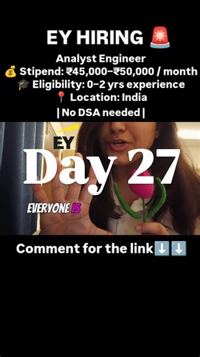 @vry.ai.coded on Instagram: "🚨 Hiring Alert!! Day 27 EY is hiring Analyst Engineers 💻🚀 One of the Big 4 consulting firms hiring for enterprise technology roles. 📌 Role: Analyst Engineer 🎓 Eligibility: 0–2 years experience 📍 Location: India ⏳ Type: Full-time 💰 Stipend: ₹45,000 – ₹50,000 per month 🧠 Domain: .NET / SQL / BI / Enterprise Tech ✨ Why this role matters: You’ll work on real IT product delivery using the Microsoft tech stack (C#.NET, ASP.NET, SQL Server), reporting tools like Pow