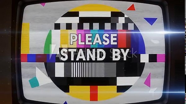 A retro TV test card with a 'Please Stand By' message and glitchy static.