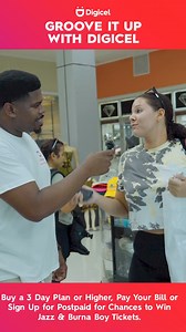 3.2K views · 21 reactions | Groove it up with Digicel for a chance to win Jazz and Burna Boy tickets ️ Simply⤵️ Activate a 3 Day Plan or higher✅ Pay your bill on time and in full✅ Sign up for Postpaid✅ Sign up for Digicel+ Home Fibre Internet✅ Stay tuned to radio and look out for Mr. Groove in the streets to get even MORE chances to win tickets 勞 | Digicel | Facebook