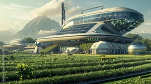 Futuristic Sustainable Farm: A gleaming, spaceship-like structure nestled amidst verdant fields, showcasing the harmonious blend of nature and technology in a utopian vision of the future.