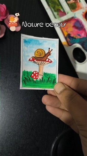 Cute Snail on Mushroom 🐌🍄 Mini Watercolor Painting | Tiny Art Tutorial #shorts #artist #ytstudio