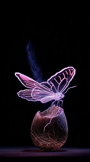 A radiant butterfly hologram hatches and spreads glowing wings in slow motion