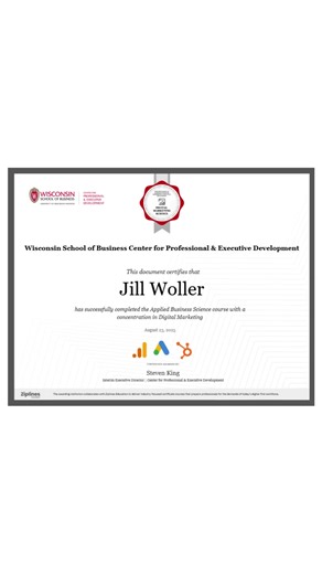We are proud to recognize Jill Woller for completing an Applied Business Science certificate with a concentration in Digital Marketing through the University of Wisconsin School of Business. Jill also obtained certifications in Google Analytics 4, HubSpot, and Google Advertising. This accomplishment reflects a strong commitment to professional development and continuous learning—qualities that are essential in today’s dynamic financial landscape. At StrongBridge, we value education and expertise