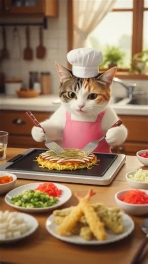 SHE is cooking for herself #gourmet #cat #recipe #cute #okonomiyaki #okonomiyaki