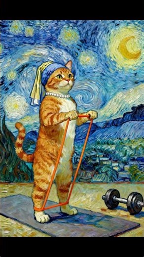 Self-disciplined orange cat in gym with stretch bands