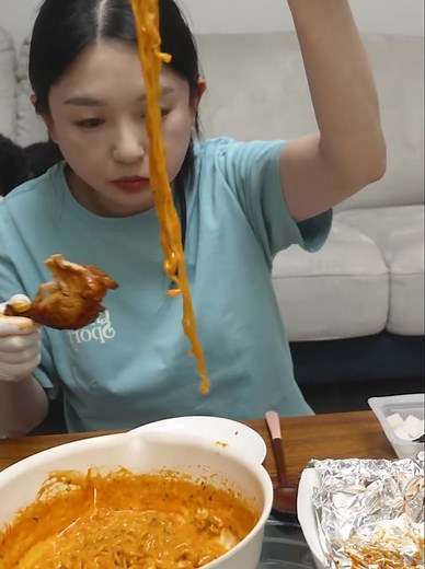 85K views · 1.9K reactions | Real Mukbang_) Carbonara Buldak Ramen & Grilled Spicy Chicken ☆ Dessert Strawberry | Mubang Show | Facebook