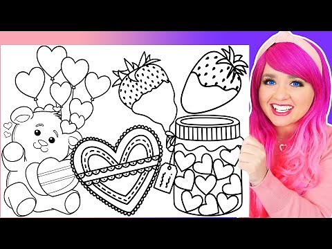 Coloring Valentine's Day Coloring Pages | Bear, Glitter Valentine, Balloons, Strawberries & Candies