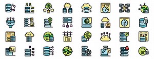 Data center management icons showing cloud computing, server maintenance, and database administration