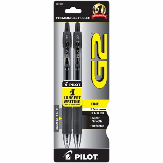 Pilot G2 Retractable Gel Ink Pens, Fine Point, Black, 2 Pack,