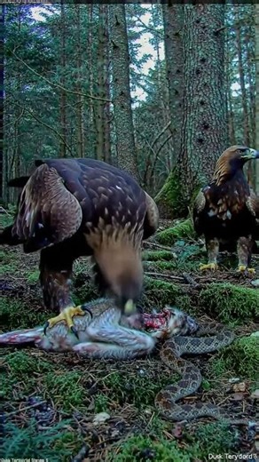 Golden Eagle Feasts on a Rabbit Next to a Snake #Eagle