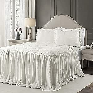 Lush Decor Ravello Pintuck Ruffle Skirt Bedspread Set - Luxe 3 Piece Ruffled Bedding Set - Traditional Glam & Farmhouse Inspired Bedroom Decor - Queen, White