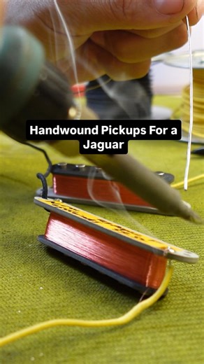 Emerson on Instagram: "recently got this Classic Vibe Jaguar for myself with the intention of fully personalizing it, and now I am going to wind a new set of pickups for it. This is my first time winding pickups for a Jag and I was excited to give it a try. I do have a full length video on my YouTube channel covering this process with a slightly more comprehensive sound sample, but this is the cliffnotes version. I wound the neck with 42 gauge poly wire with sixty five hundred turns and it ended