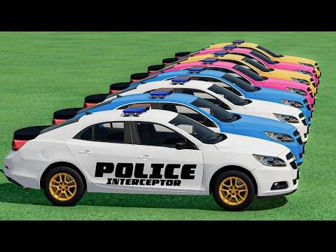 INSANE CHEVY POLICE CAR JUMPS ON FLATBED TRUCKS - BeamNG Drive FS22