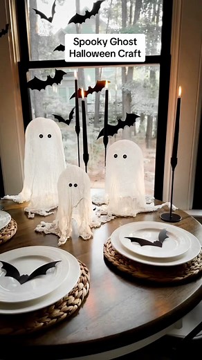 I waited a whole year to make these little ghosts 👻 They were cheap, easy, and fun to craft for Halloween 🎃 WHAT YOU’LL NEED 👻 cheesecloth 👻 tea towels (optional) 👻 modge podge 👻 balloons (partially blown up) 👻 jars or vases of different heights 👻 Black buttons for the eyes 👻 Hot Glue (or any other glue) INSTRUCTIONS 1) I can’t stress this enough: lay trash bags down on your surface bc it gets messy!!! 2) Blow up the balloons to desired size and place them in the jars or vases 3) Add so