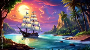 sailboat on the beach with sunset in island paradise video background looping for live wallpaper Seamless looping 4K virtual video animation background