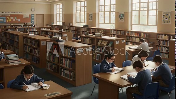 A calming scene in the school library as students focus on study session animation