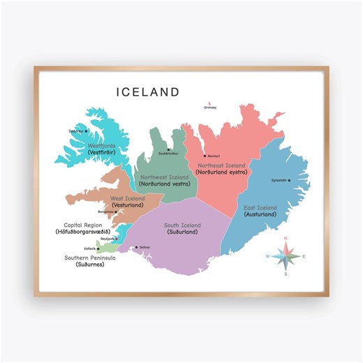 Iceland Map Poster With Administrative Regions and Cities, Detailed Color Political Map of Iceland for Classroom Education - Etsy