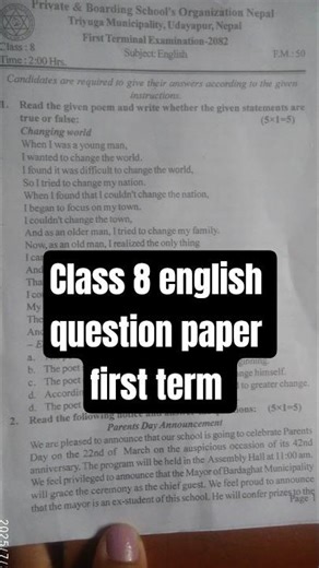 class 8 english question paper 2082 model question paper of english subject @Questionpapersheet
