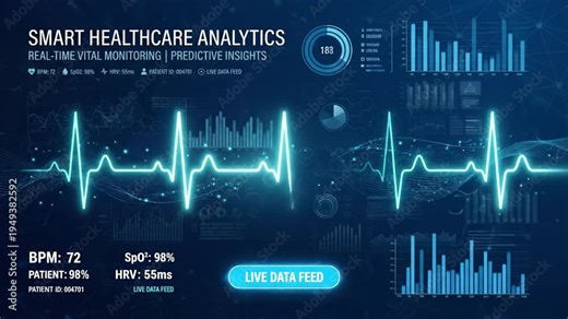 Smart healthcare analytics featuring real time vital monitoring with predictive insights displaying heart rate, oxygen saturation, and heart rate variability for comprehensive patient health tracking
