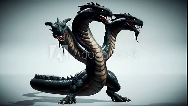 Dark Blue Pixelated Three Headed Hydra in Sequential Attack Strikes on Gradient Background A Menacing Mythological Creature with Scales Teeth and Claws Isolated for Epic Fantasy Game Assets