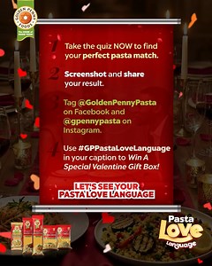 WIN a Special Valentine's Day Gift Box This Weekend! 🎁 So, what’s Your Pasta Love Language? Sweet? Spicy? Creamy? Bold? There’s a pasta that totally gets you. bit.ly/GP_PastaValentine Here’s how to join to WIN A SPECIAL VALENTINE'S DAY GIFT BOX: 1️⃣Click on the link to take the quiz and discover your perfect pasta match. 2️⃣Screenshot your result. 3️⃣ Share your result and tag @GoldenPennyPasta (Facebook) or @gpennypasta (Instagram) and use #GPPastaLoveLanguage for a chance to WIN a Special Val