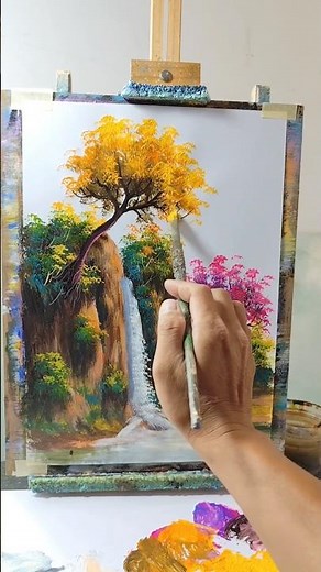 Golden Tree on Cliff Waterfall 🌄 Easy Acrylic Painting Tutorial