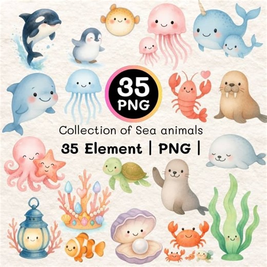 Watercolor Sea Animals Clipart | 35 PNG Ocean Creature Bundle