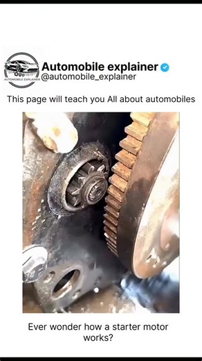 @automobile_explainer on Instagram: "That mechanical "crunch" you hear is the sound of your engine coming to life! 🏎️ Ever wonder how a tiny motor starts a massive engine? This video shows the starter motor pinion gear jumping out to engage with the flywheel ring gear. It’s a high-torque dance that happens in seconds every time you turn the key or push the start button. If that gear doesn't slide out perfectly, you're going nowhere fast! 🛠️ ​#MechanicalEngineering #CarMaintenance #AutomobileEx