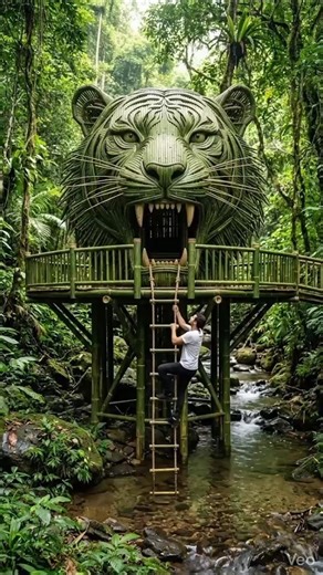 Tiger Bamboo Treehouse in Jungle 🐅🌿 | Amazing Green Bamboo House#bamboo#nature#treehouse